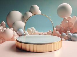 Round podium with clouds and circles created with technology photo