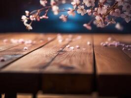 Wooden table with cherry blossoms in a cafe on blurred background Created with technology photo