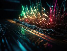 Neon lights wavy lines on dark background Created with technology. photo