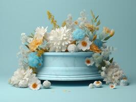 Round marble podium with flowers created with technology. photo