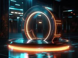 Fantastic Circle holograms magic portals. Futuristic round stage with neon lights. Glowing round stage on a dark background. Created with technology photo