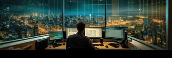 Business office manager with arrow and arrow on the computer screen and city lights behind him Illustration photo