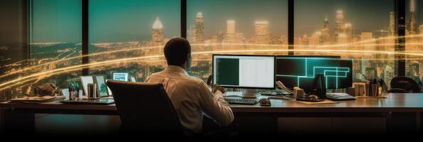 Business office manager with arrow and arrow on the computer screen and city lights behind him Illustration photo