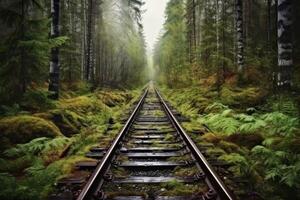 ferrocarril pistas en un bosque paisaje. ilustración ai generativo foto