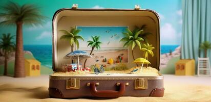 3D art open suitcase with beach scene. Illustration AI Generative photo