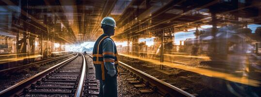 hombre en construcción engranaje es en pie detrás tren pistas ilustración ai generativo foto