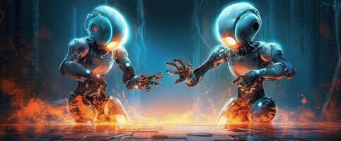 Futuristic robots using a flashlight. Illustration photo