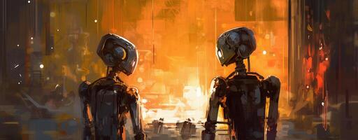 Futuristic robots using a flashlight. Illustration photo