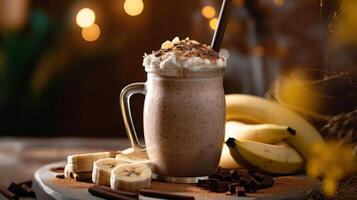 Chocolate oatmeal and banana milkshake smoothie. Illustration photo