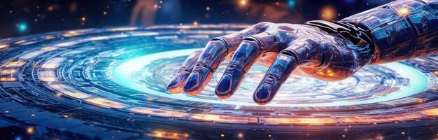 Modern futuristic robots and artificial intelligence hand. Illustration AI Generative photo