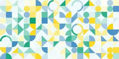 Abstract geometric pattern in fresh green, yellow and blue colors. Simple shapes, form and figures mosaic background. Neo geo style print, vector illustration. Horizontal wide design template