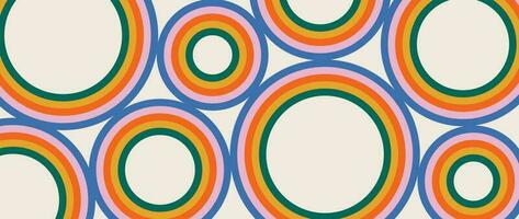 Groovy abstract background with rainbow colored circles.  60-70s style retro pattern with colorful stripes. Trendy psychedelic wave cartoon backdrop. Vintage hippie stripe print vector illustration