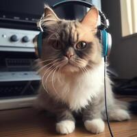 Cat in big headphones enjoys music. Created with technology photo