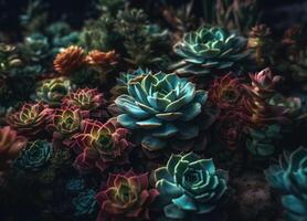 miniatura hogar flores suculentas y cactus en el jardín creado con generativo ai tecnología foto