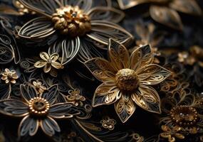 Paper made flowers Quilling craft technic black and gold abstract background lines Created with technology photo