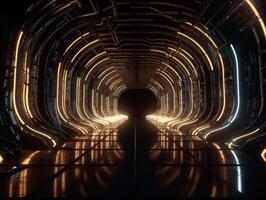 Abstract futuristic tunnel corridor with glowing lights and reflections Science fiction style Created with technology photo