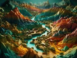 Colorful paper cut terrain mountains background created with technology. photo