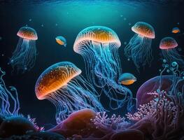 Jellyfish swims in the ocean sea created with technology photo