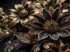 Paper made flowers Quilling craft technic black and gold abstract background lines Created with technology photo