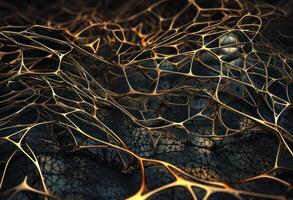 Dark black and gold abstract background An abstract image featuring organic shapes and lines that intersect and overlap created with technology. photo