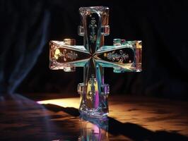 Crystal cross on a black background Created with technology photo