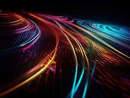 Neon lights wavy lines on dark background Created with technology. photo