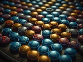 Many colorful pills on a dark background Geometric composition Created with technology photo