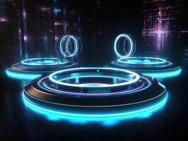 Fantastic Circle holograms magic portals. Futuristic round stage with neon lights. Glowing round stage on a dark background. Created with technology photo