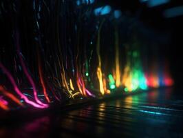 Neon lights wavy lines on dark background Created with technology. photo