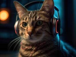 Cat in big headphones enjoys music. Created with technology photo