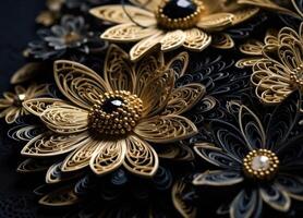 Paper made flowers Quilling craft technic black and gold abstract background lines Created with technology photo