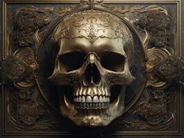 Skull with golden ornament on a dark background Created with technology photo