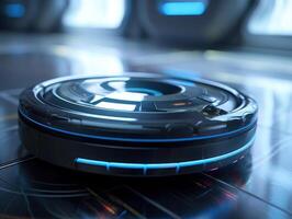 Robotic vacuum cleaner cleaning the floor in the living room. Cleaning service concept. Created with technology. photo