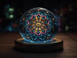 Mandala made by Quartz on a black background. Sacred geometry. Mysterious psychedelic relaxation pattern. Fractal abstract texture. Created with technology. photo