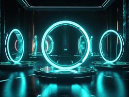 Fantastic Circle holograms magic portals. Futuristic round stage with neon lights. Glowing round stage on a dark background. Created with technology photo