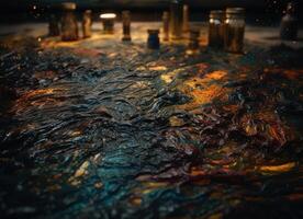 Splashes of colored liquid Oil paint on a dark background Created with technology. photo