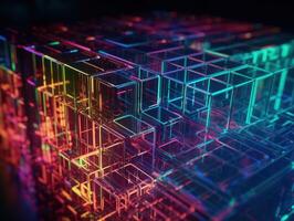 Neon lights Chromatic Holographic cubes on dark background Created with technology. photo