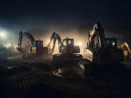 excavadoras trabajando en construcción sitio a noche. pesado maquinaria trabajando en construcción sitio a noche creado con generativo ai tecnología. foto