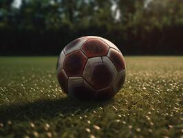 fútbol pelota en verde césped creado con generativo ai tecnología foto