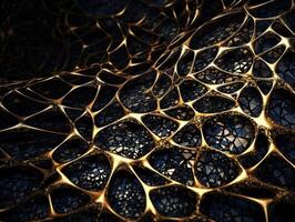 Dark black and gold abstract background An abstract image featuring organic shapes and lines that intersect and overlap created with technology. photo