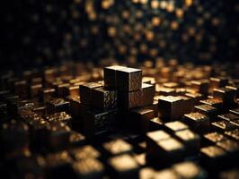 Futuristic gold cubes background Abstract geometric mosaic grid Square tiles pattern technology photo