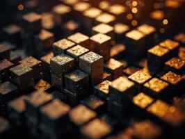 Futuristic gold cubes background Abstract geometric mosaic grid Square tiles pattern technology photo