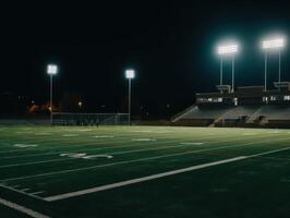 fútbol americano estadio con brillante luces y asientos creado con generativo ai tecnología foto