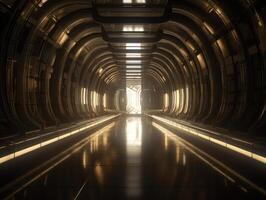 Abstract futuristic tunnel corridor with glowing lights and reflections Science fiction style Created with technology photo