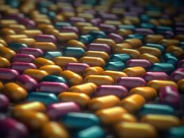 Many colorful pills on a dark background Geometric composition Created with technology photo