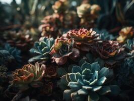 miniatura hogar flores suculentas y cactus en el jardín creado con generativo ai tecnología foto