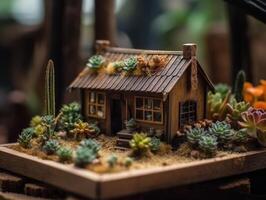 fantasía miniatura hogar flores suculentas y cactus en el jardín creado con generativo ai tecnología foto