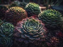 miniatura hogar flores suculentas y cactus en el jardín creado con generativo ai tecnología foto