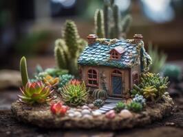 fantasía miniatura hogar flores suculentas y cactus en el jardín creado con generativo ai tecnología foto