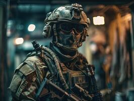 unido estados Ejército especial efectivo soldado en uniforme y casco con asalto rifle creado con generativo ai tecnología foto